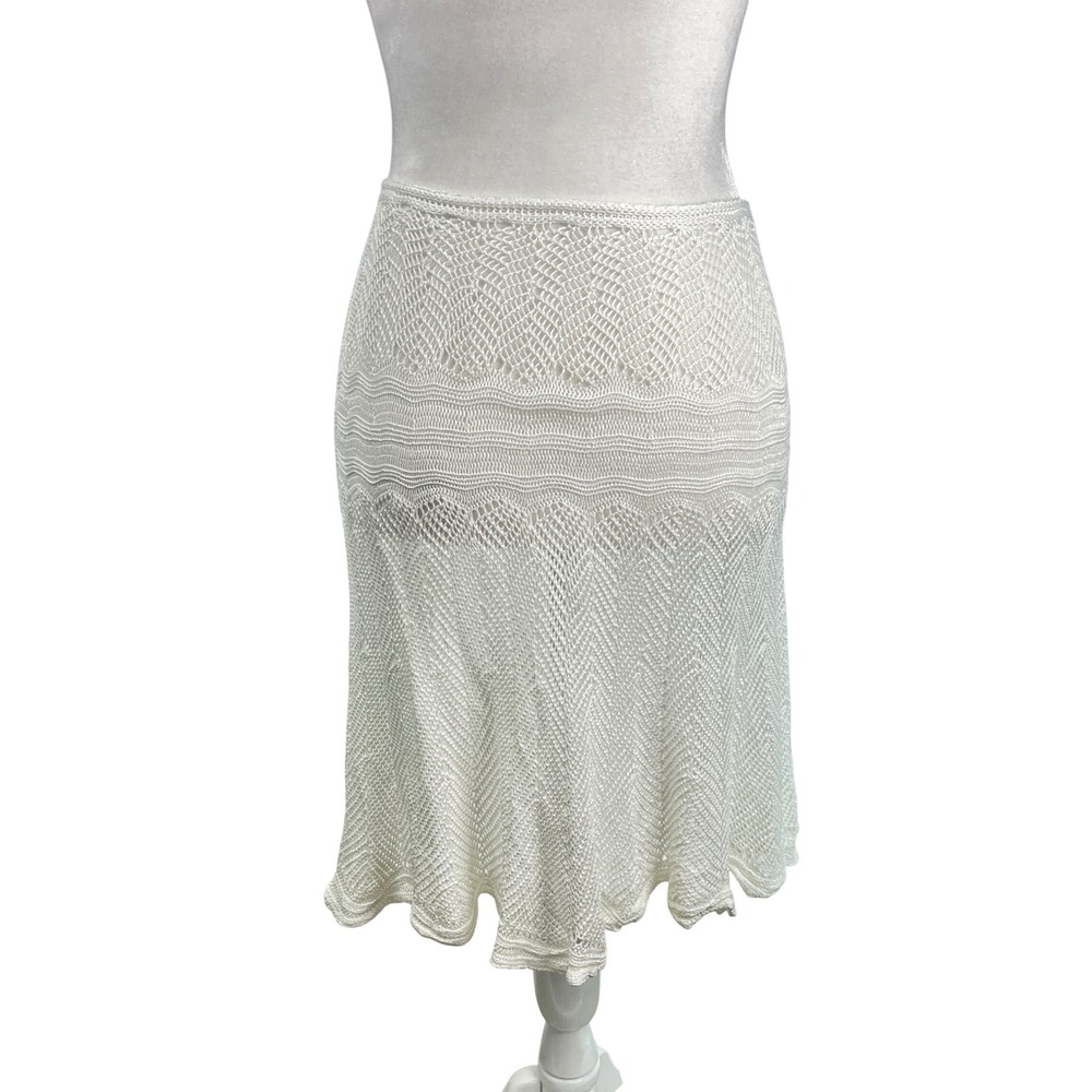 White Crochet Knit Pointelle Midi Skirt Boho Scalloped Hem Flared White Coverup - Picture 2 of 5